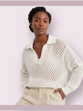 Aerie White Oversized Open Knit Polo Sweater